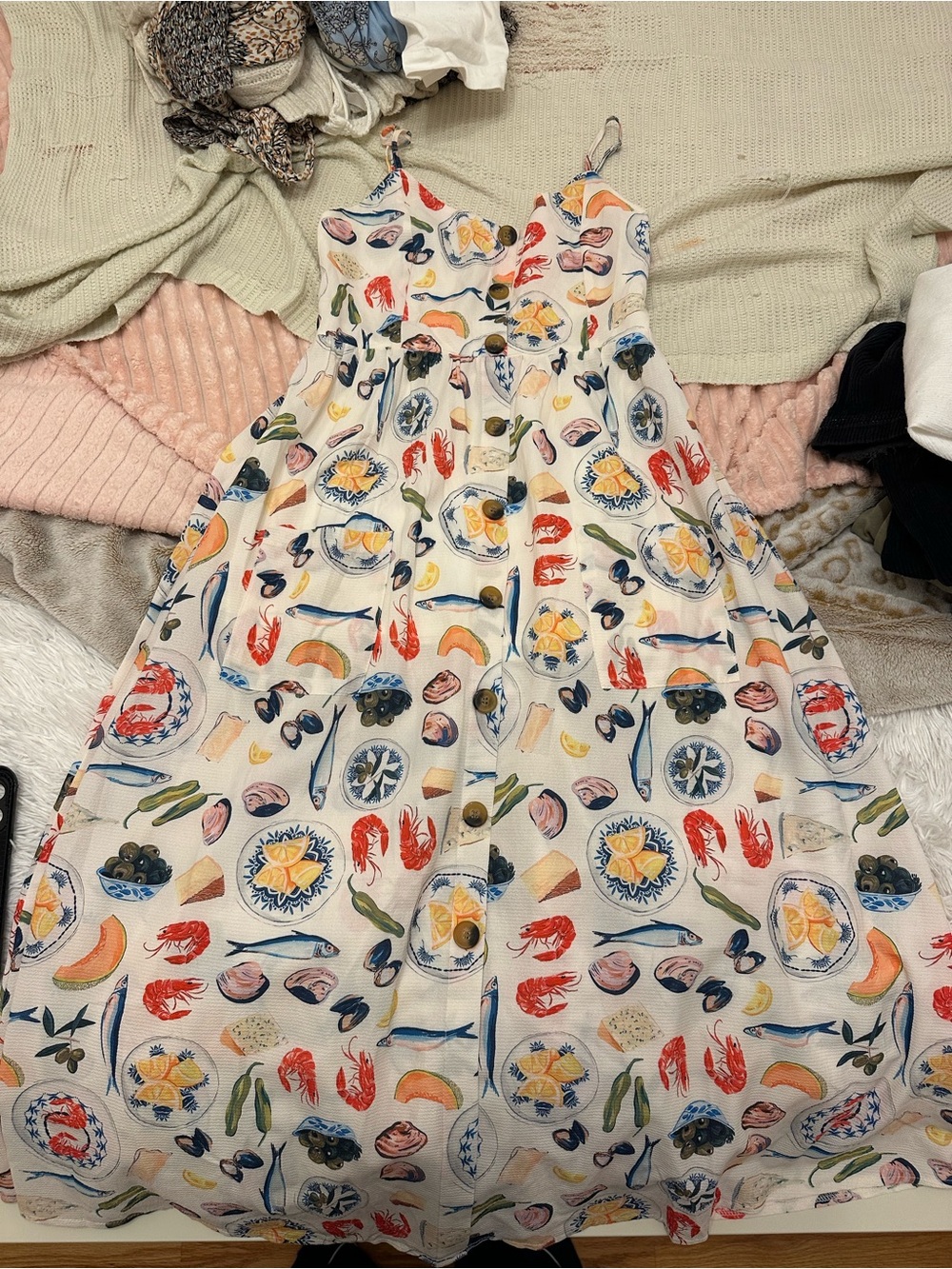 Girls' Cream Floral & Seafood Print Sundress